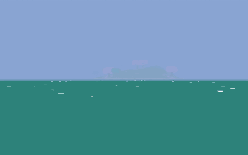 El mar introduce nuestra aventura contemplativa. Dos tonalidades de azules planos, uno de ellos interrumpido por rectángulos blancos que se escudan ligeramente hacia sus laterales simulando el sutil oleaje. Sencillo pero efectivo.