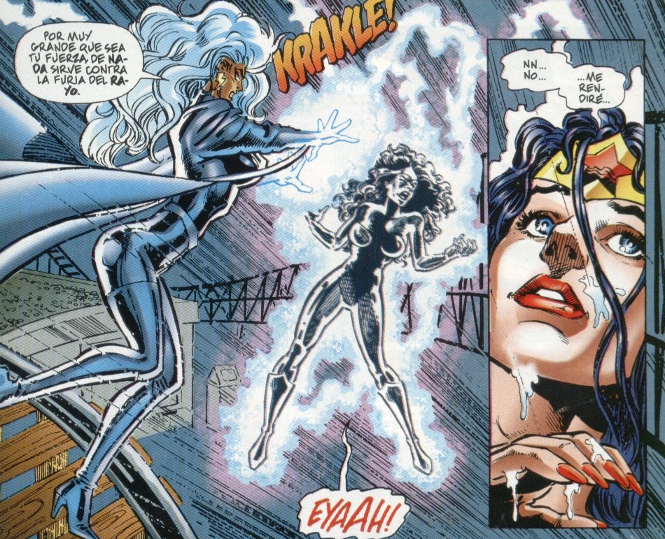 Wonder Woman sufriendo los poderes de Storm.
