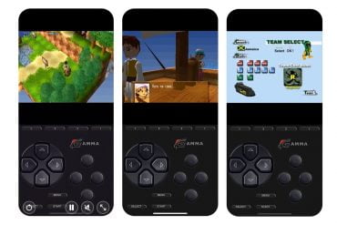 Imagen de Gamma, el mejor emulador de PS1 gratuito para iPhone, mostrando 3 iPhones con la pantalla encendida y distintos juegos en la interfaz del emulador